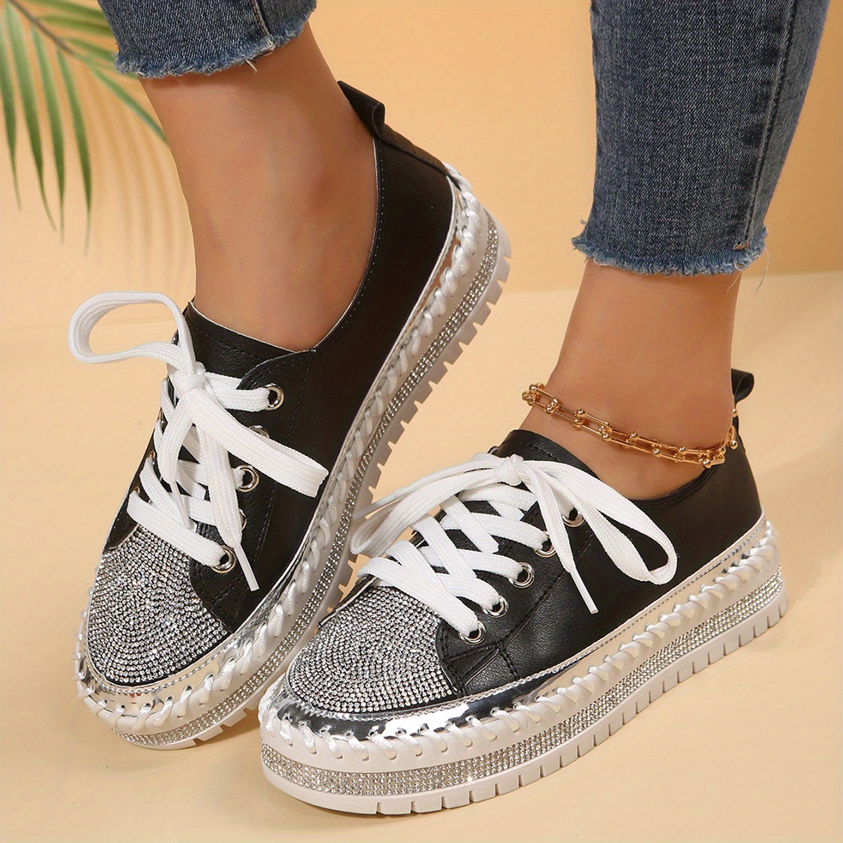 Women Sneakers Lace Up Platform Casual Sport Shoes Shine Rhinestone  Decoration Shoes Outdoor Running Tennis Shoe