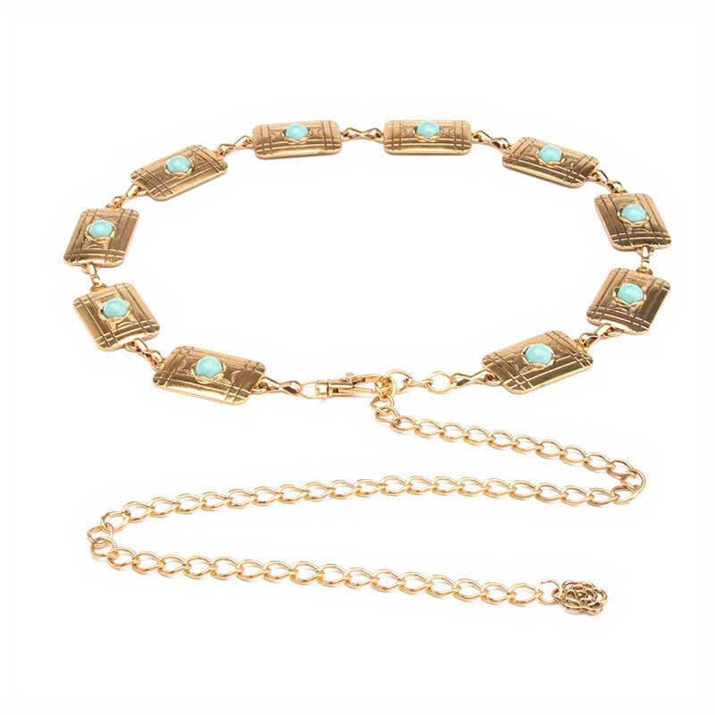 Boho Turquoise Inlay Waist Chain Golden Metal Openwork Belly Chain