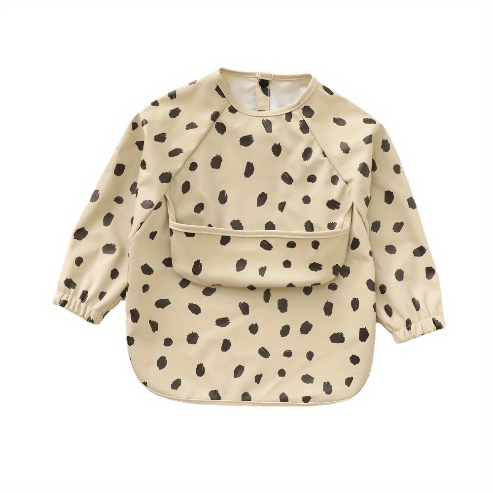 Image of Unisex Baby Long Sleeve Bib With Crumb Catcher, Polyester Fiber, Snap Closure, Kids Eating Apron With Pocket, White/beige/mixed Colors