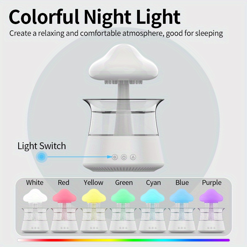1pc rain cloud aromatherapy essential oil diffuser rain cloud night light mushroom light diffuser micro humidifier desk fountain bedside sleep relax mood water drop sound white details 2