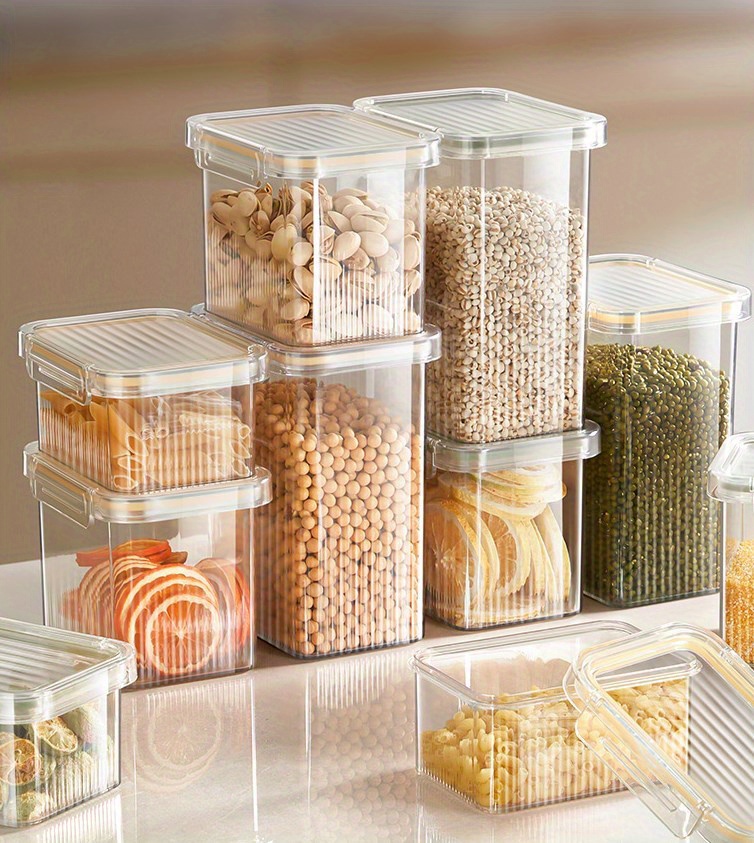 Clear Vertical Striped Food Storage Containers With Lids - Airtight,  Moisture-proof, And Fresh-keeping - Perfect For Cereal, Rice, Pasta, Spice,  And Nuts - Plastic Food Preservation Tank For Home Kitchen Supplies - Temu