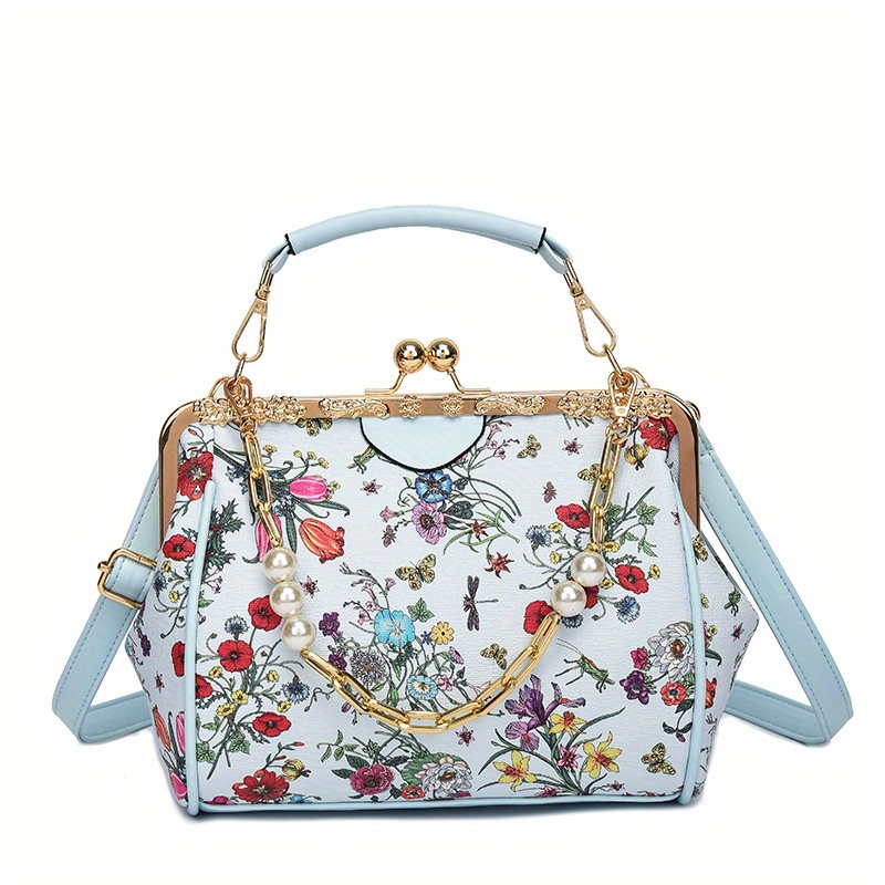 Floral Pattern Handbag Faux Pearl Chain Clutch Purse Women's - Temu