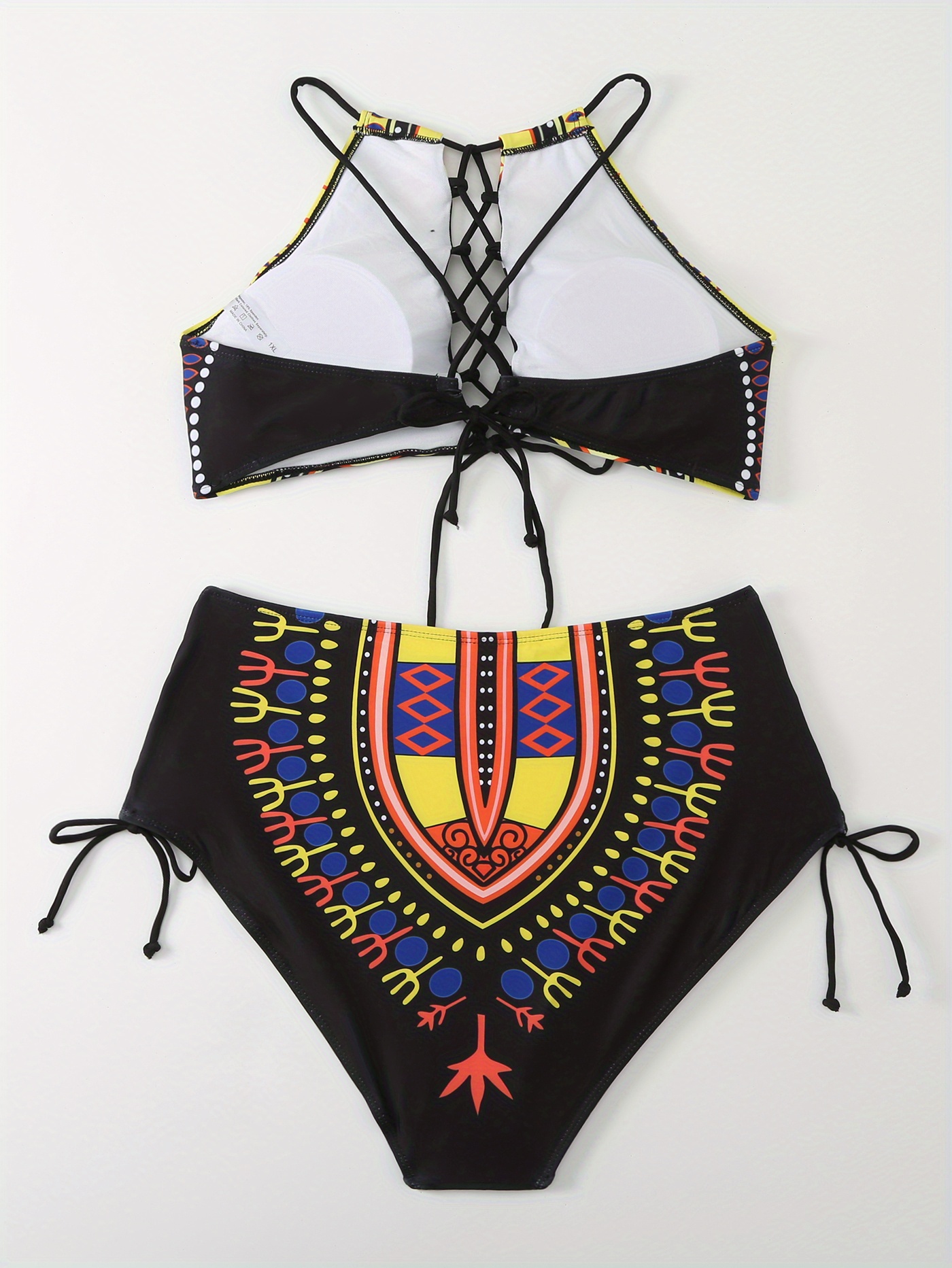 Plus Size Ethnic Print Push Up Bikini Set, Women's Plus High Stretch