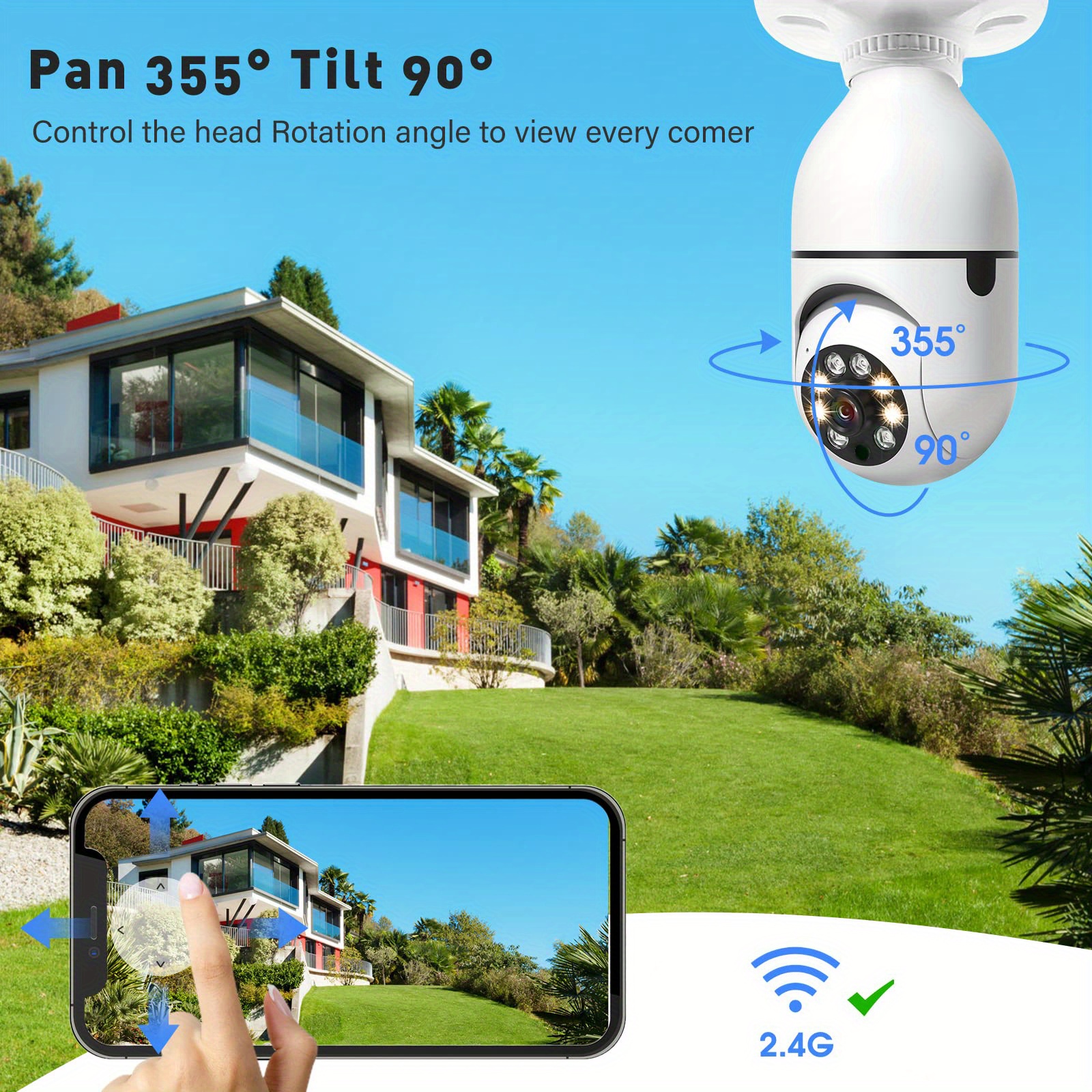 1080p WiFi Bombilla Cámara 360° Gran Angular Fisheye HD Cámara espía de  seguridad interior, WiFi Con LingWen