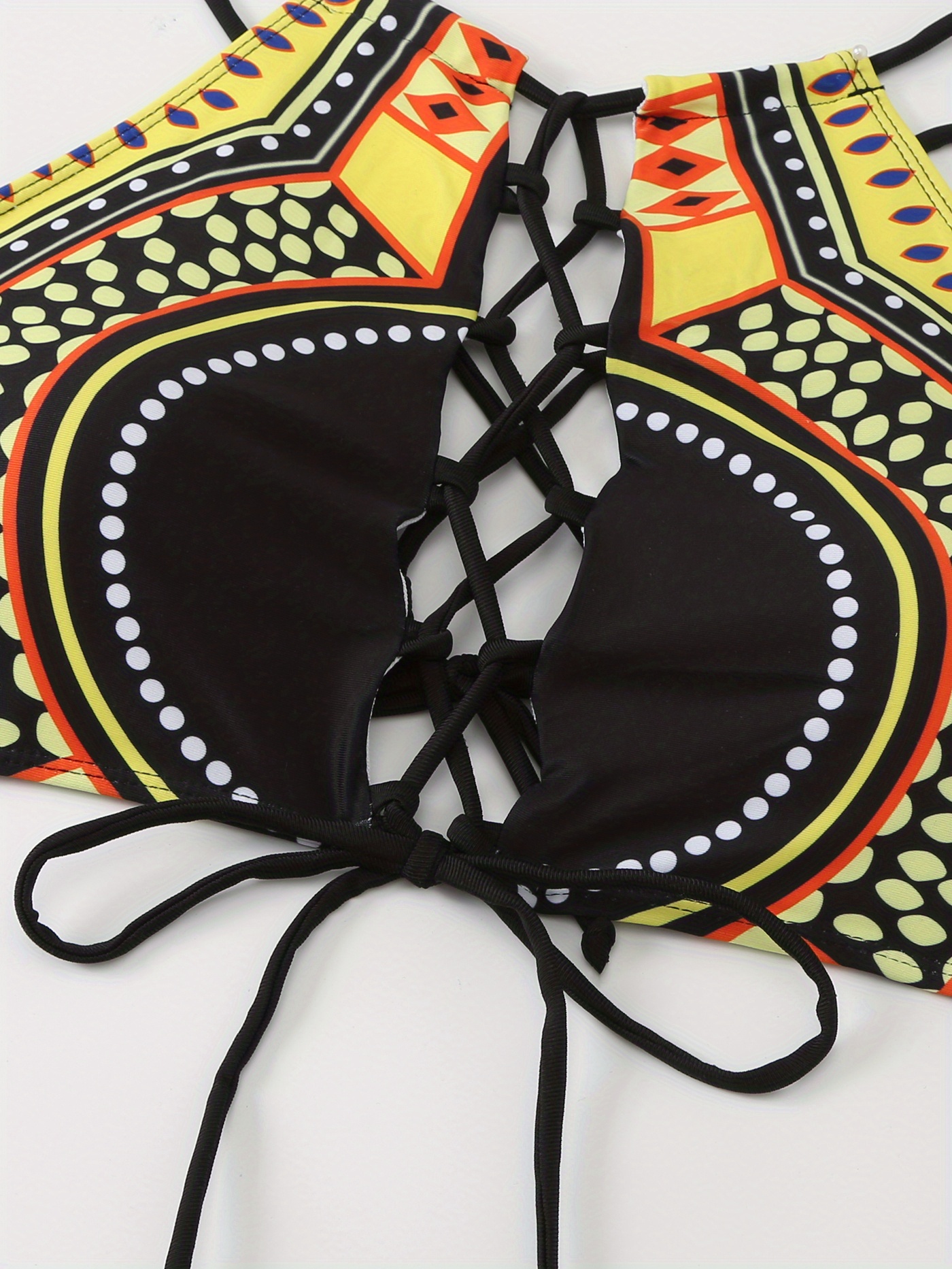 Plus Size Ethnic Print Push Up Bikini Set, Women's Plus High Stretch