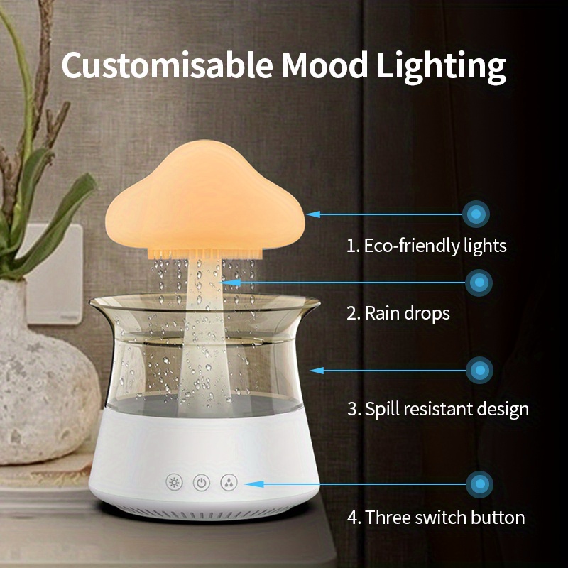 1pc rain cloud aromatherapy essential oil diffuser rain cloud night light mushroom light diffuser micro humidifier desk fountain bedside sleep relax mood water drop sound white details 5