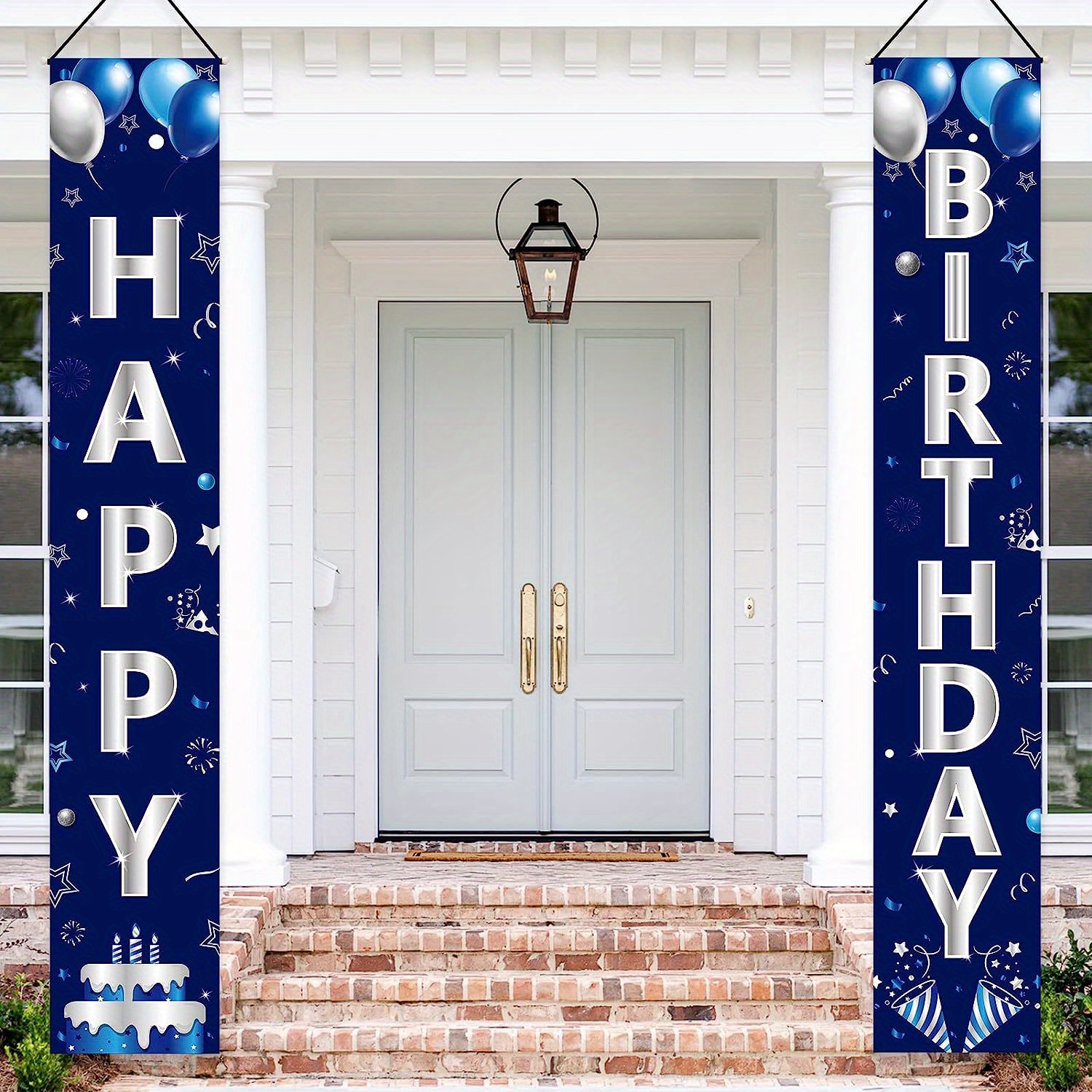 Blue Silvery Happy Birthday Door Banner Decorations Happy - Temu