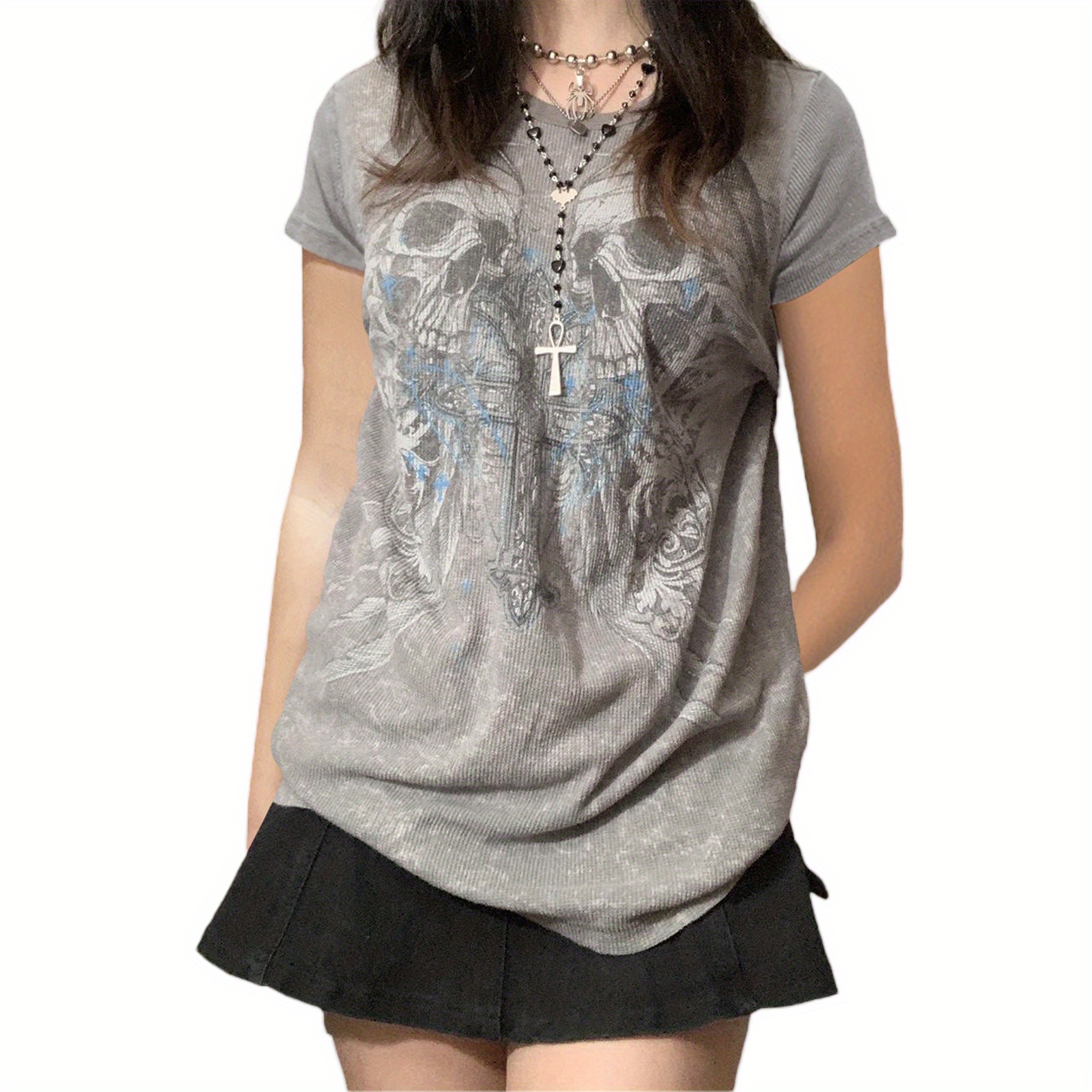 Cross Skull Print T shirt Casual Crew Neck Short Sleeve - Temu