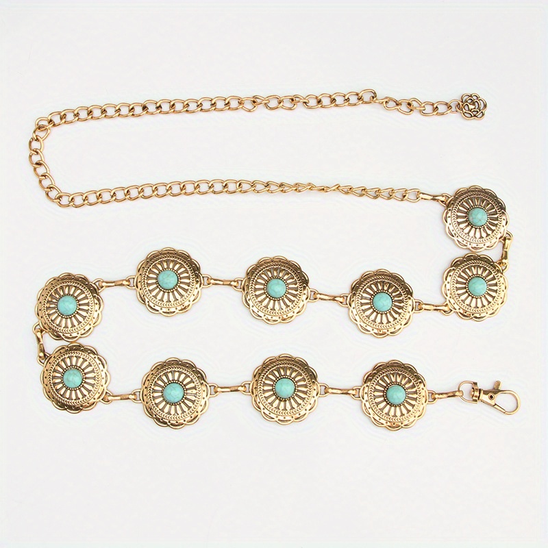 Boho Turquoise Inlay Waist Chain Golden Metal Openwork Belly Chain