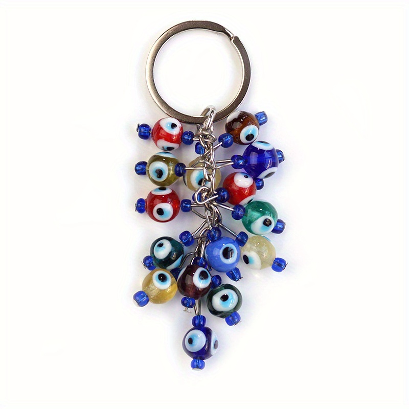 Handmade Blue Beaded Bag Charm Key Chain With Flower Charm