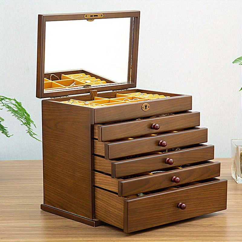 Vintage 6 Layers Wooden Jewelry Box With Mirror High Capacity Jeweller –  Nillishome