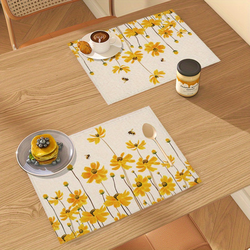 Spring Placemats, Linen Yellow Flower Bee Pattern Placemats Dining