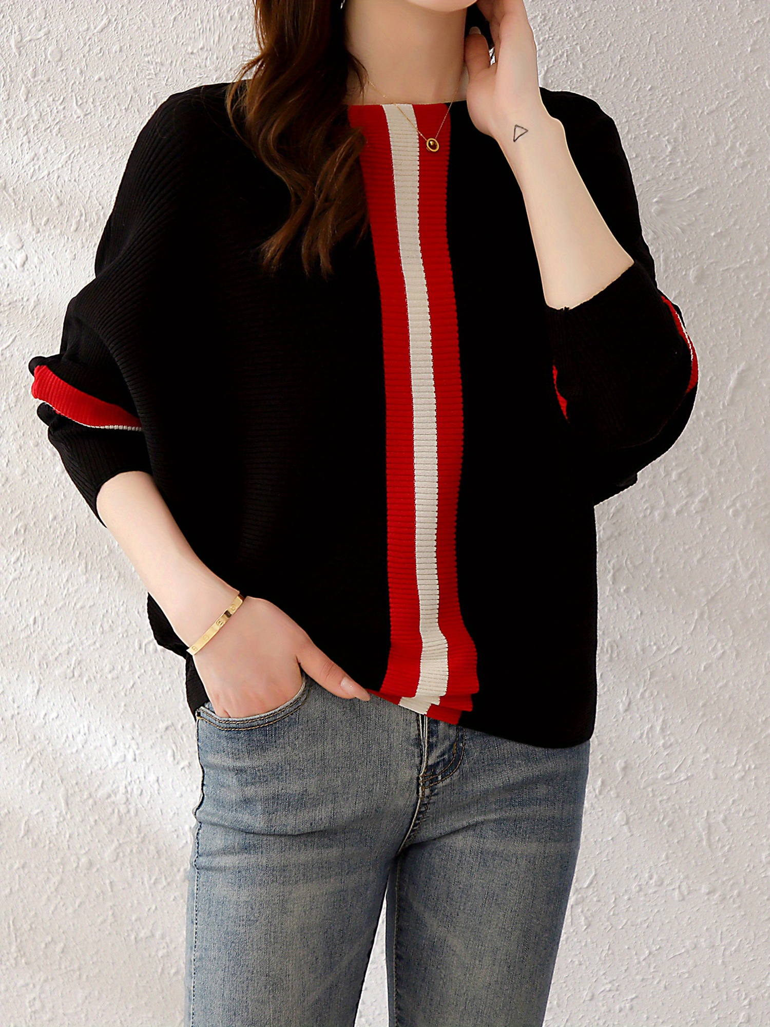Color Block Boat Neck Knit Sweater, Elegant Long Sleeve Sweater, Women