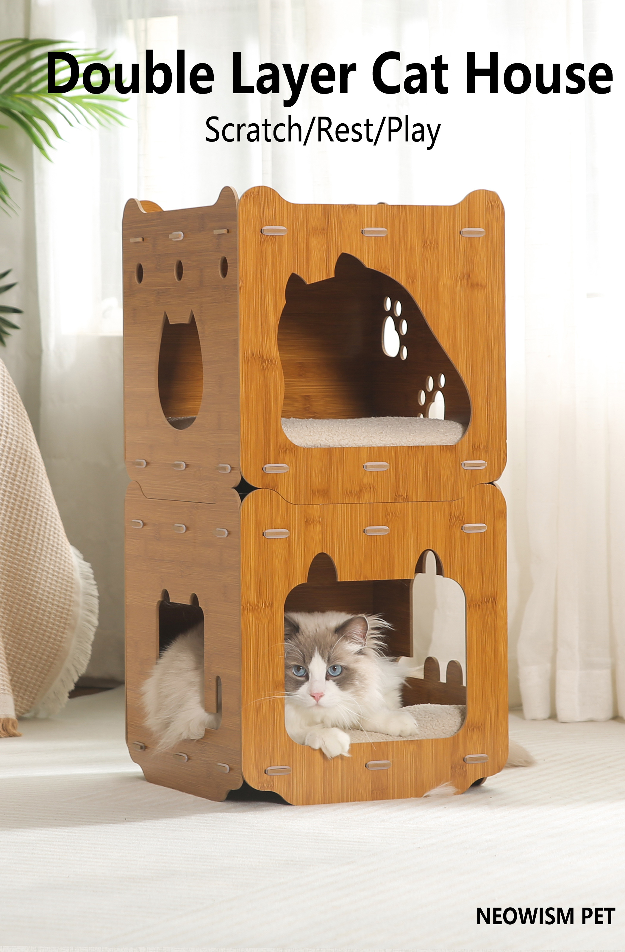 Multi level Wooden Cat House Scratching Post Tunnel Sofa Bed - Temu