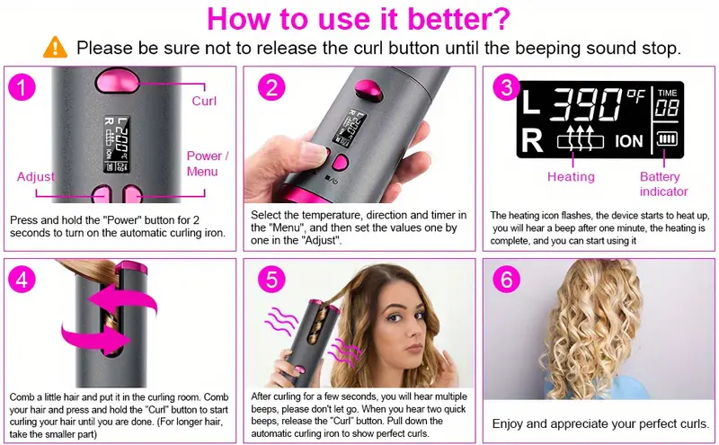 portable usb rechargeable cordless automatic hair curler ceramic cylinder spinner for long hair fast heating anti  styling on the go details 4