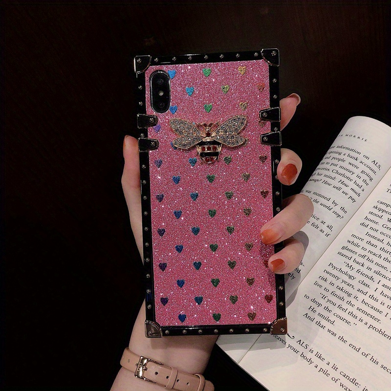Luxury Square Case for iPhone 15 PRO 13 12 PRO 11 XS XR X Fashion Heart  Glitter Bee Cover Phone Cases for iphone 14 PRO MAX 7 8