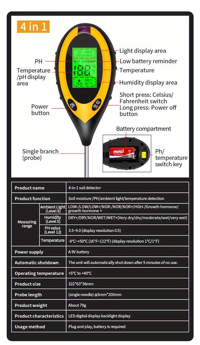 4 in 1 Soil Survey Instrument Electronic Soil Detector Ph - Temu