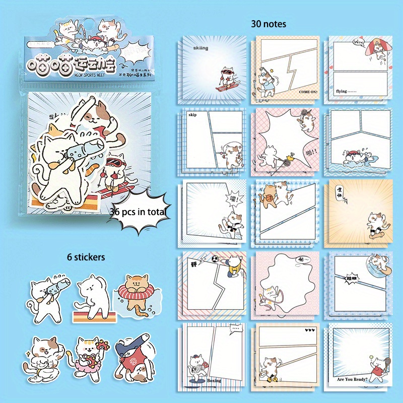 36pcs Cartoon Cat Sticker Stationery Set & Memo Pad