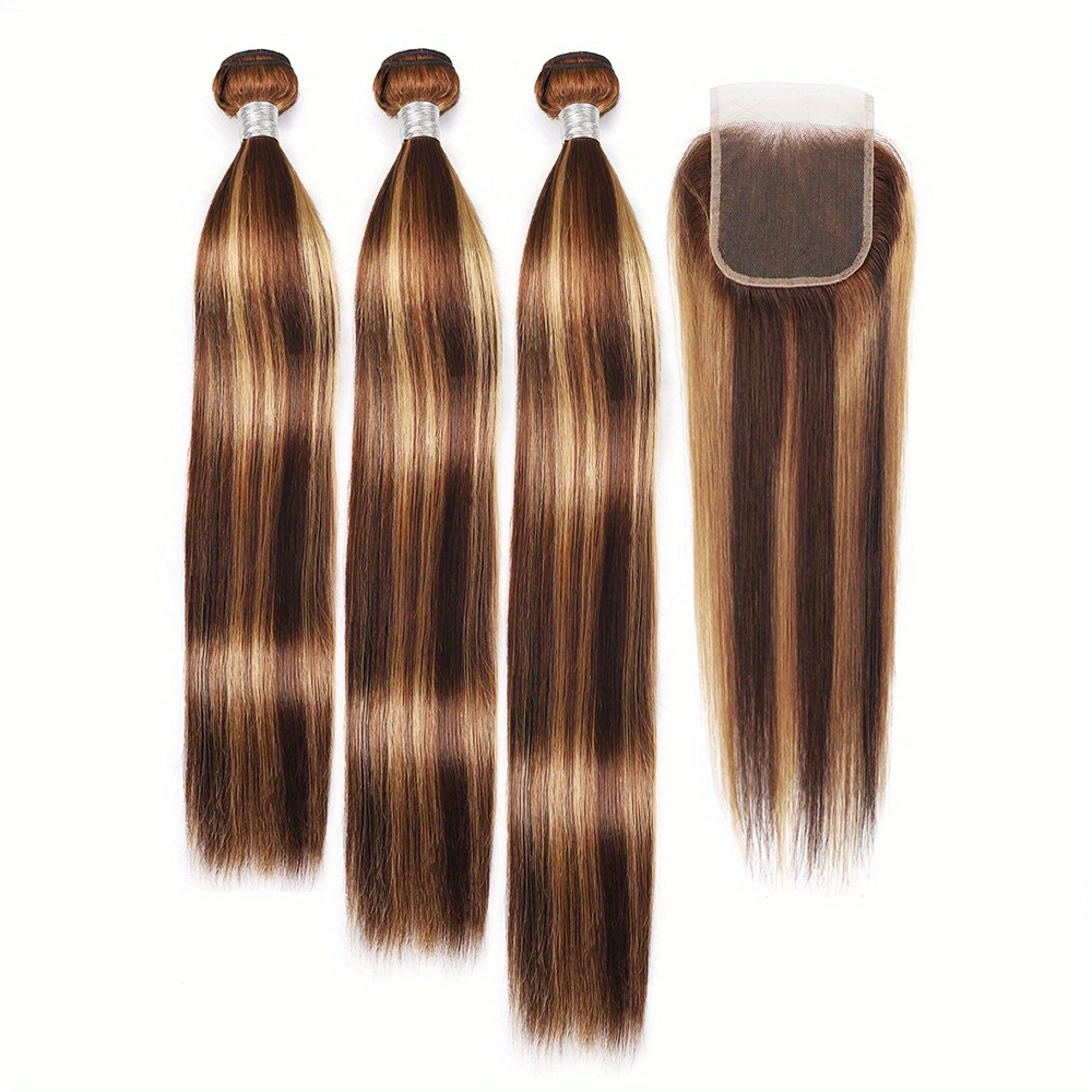 4/27 Highlight Human Hair Bundles, Hair Wigs with Closure Colored Body Wave 3Bundles with Closure Ombre Honey Blonde Bundles with Closure,Temu