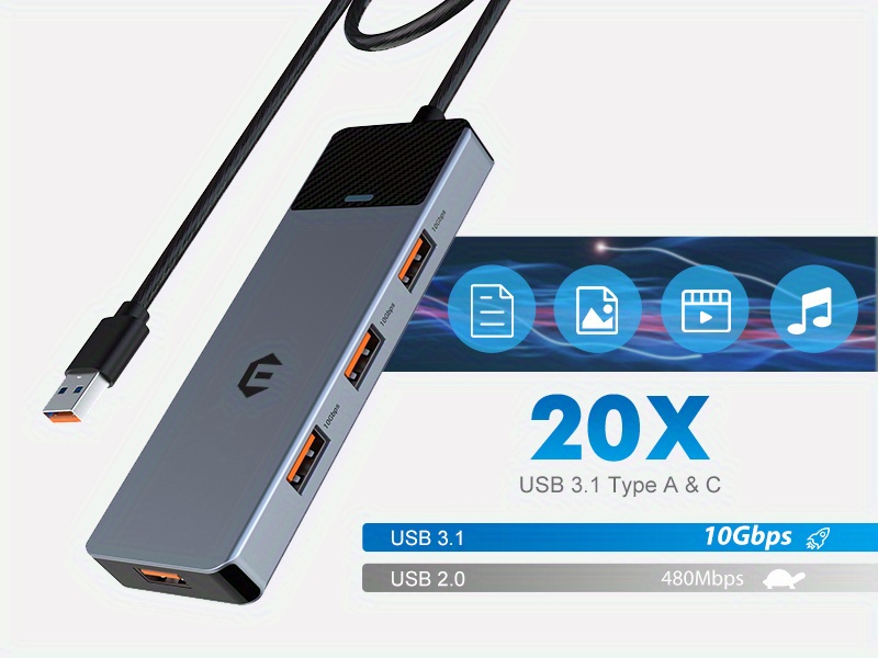 Hub USB C 3.2 gen 2 avec 4 Ports USB A, Câble 50cm, USB 3.2 Gen 2 10 Gbps  High Speed Multiprise USB C Adaptateur Multi-Ports USB Répartiteur avec 4