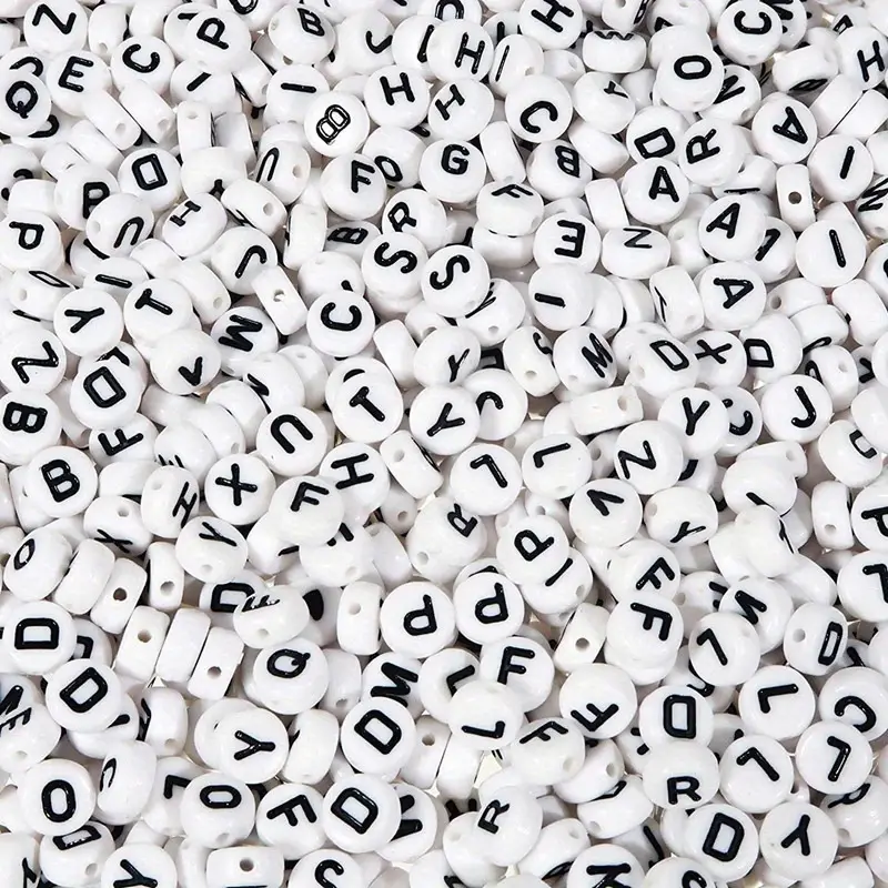 Bead mix, acrylic, opaque white and black, 7mm double-sided flat round with alphabet  letters. Sold per pkg of 200. - Fire Mountain Gems and Beads