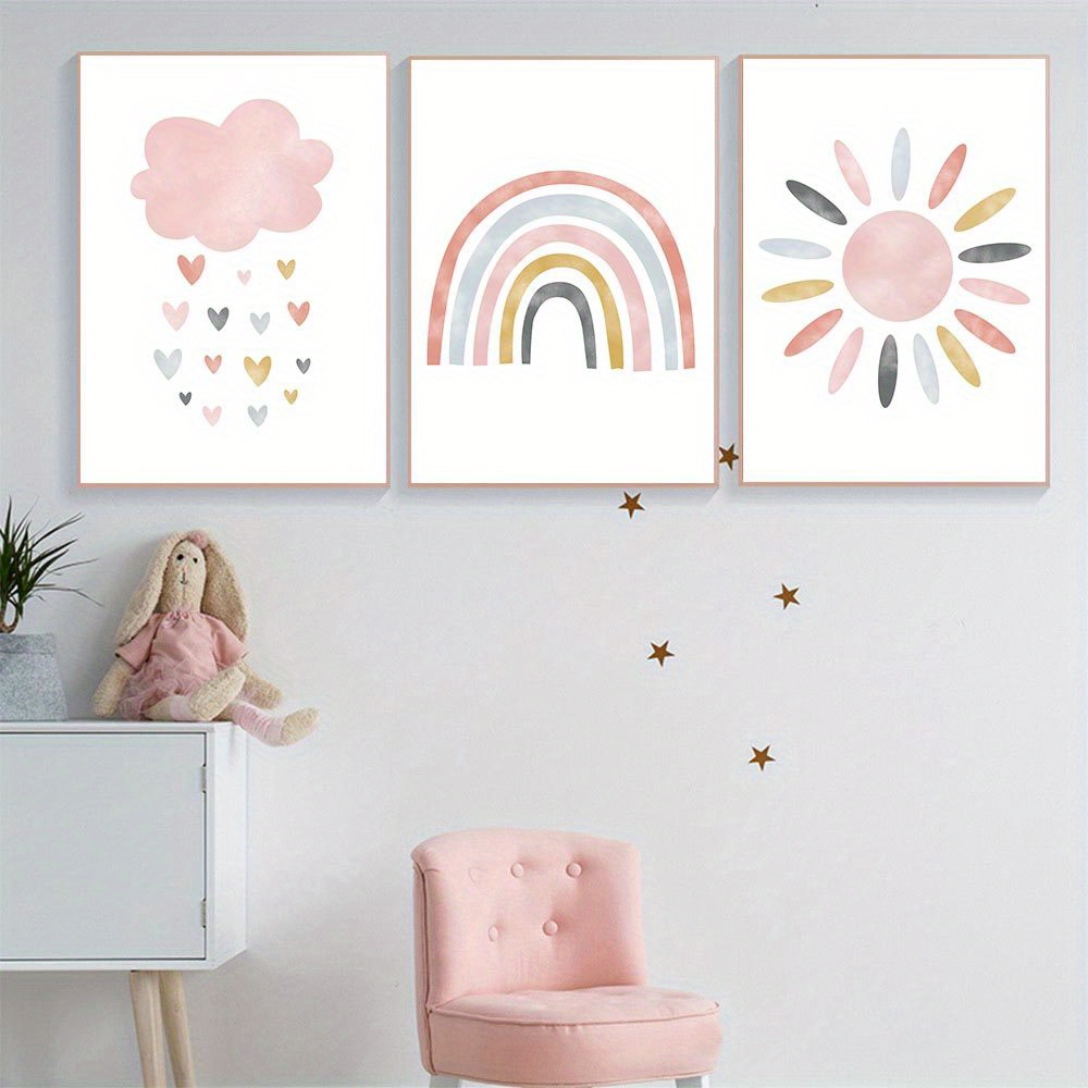 BIKCZEWIN 3PCS Rainbow Room Decor for Girls Bedroom, Pretty Pastel Colors  Rainbow Clouds Sun Canvas Painting Nursery Wall Art for School Playroom