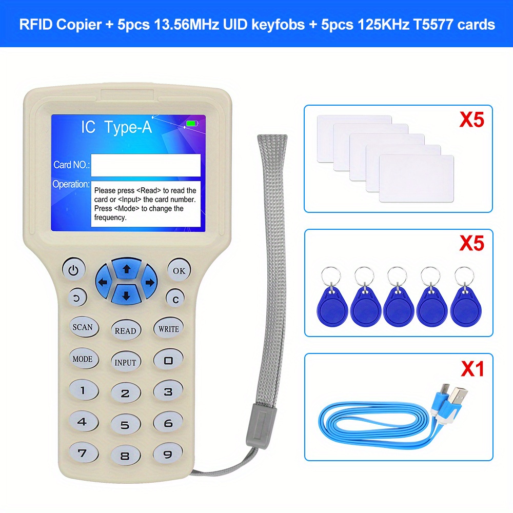 Lecteur RFID, 125KHZ Graveur/Copieur/Lecteur/Duplicateur RFID Portable avec  Étiquettes d'Identification 10PCS pour Sécurité Maison.