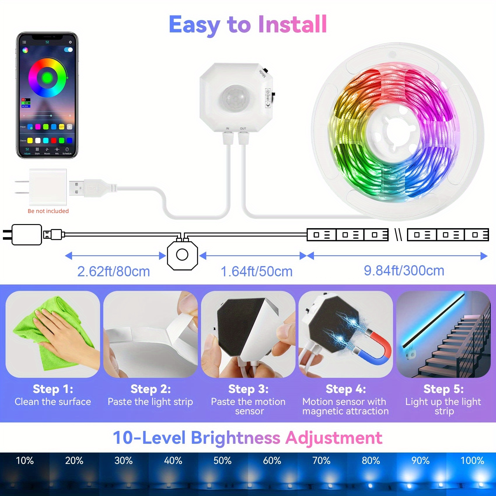 1set motion sensor led strip light 9 8 16 4ft rgb led strip lights with stay on motion activated night sensor 3 modes remote app control music sync color changing under cabinet lights for bed closet stair tv details 8