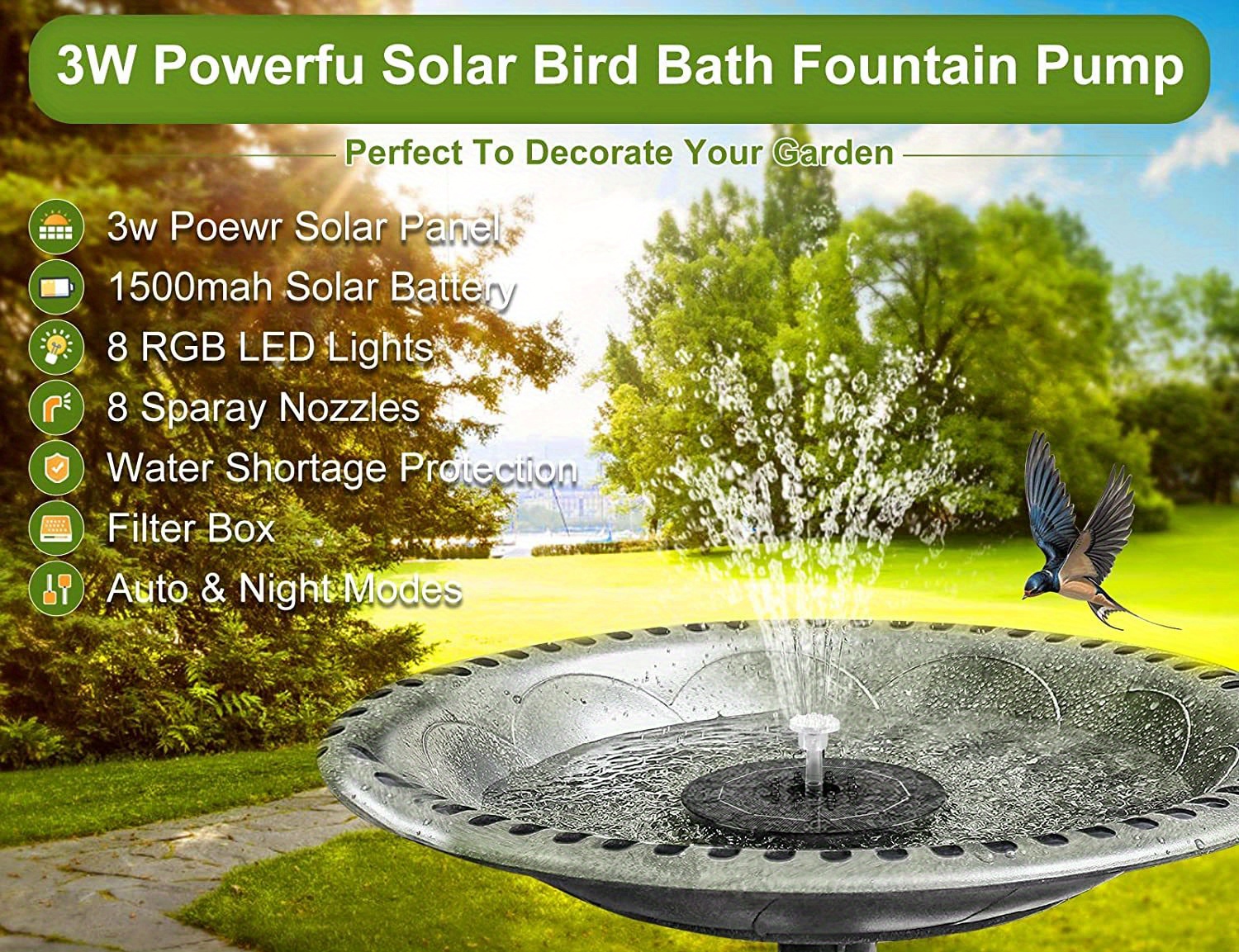 Fuente Solar 1 Pieza Fuente Jardín Bomba Agua Solar Led 3w - Temu