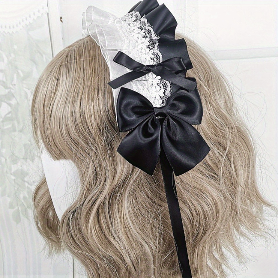 Image of Sweet Headband Contrast Color Lace Ribbon Bow Hairband With Hairpins Anime Maid Headdress