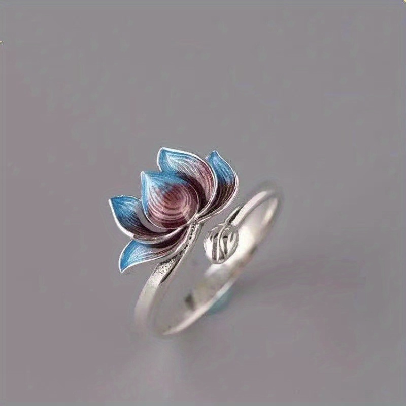 Retro Koi Enamel Colored Adjustable Ring with Lotus Design