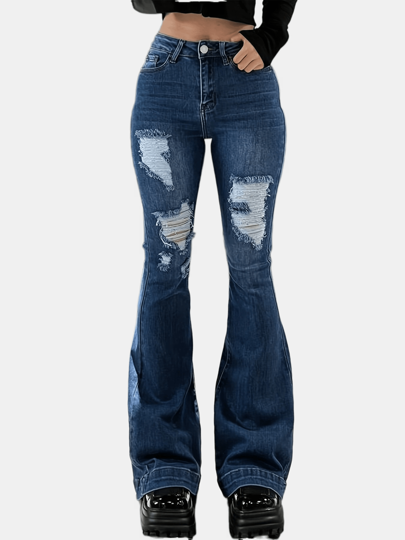 Jeans Acampanados Desgastados Con Arrugas Y Rasgaduras, Pantalones Vaqueros  De Campana Con Cintura Elástica Y Estampado De Ondas De Agua, Ropa Y Panta