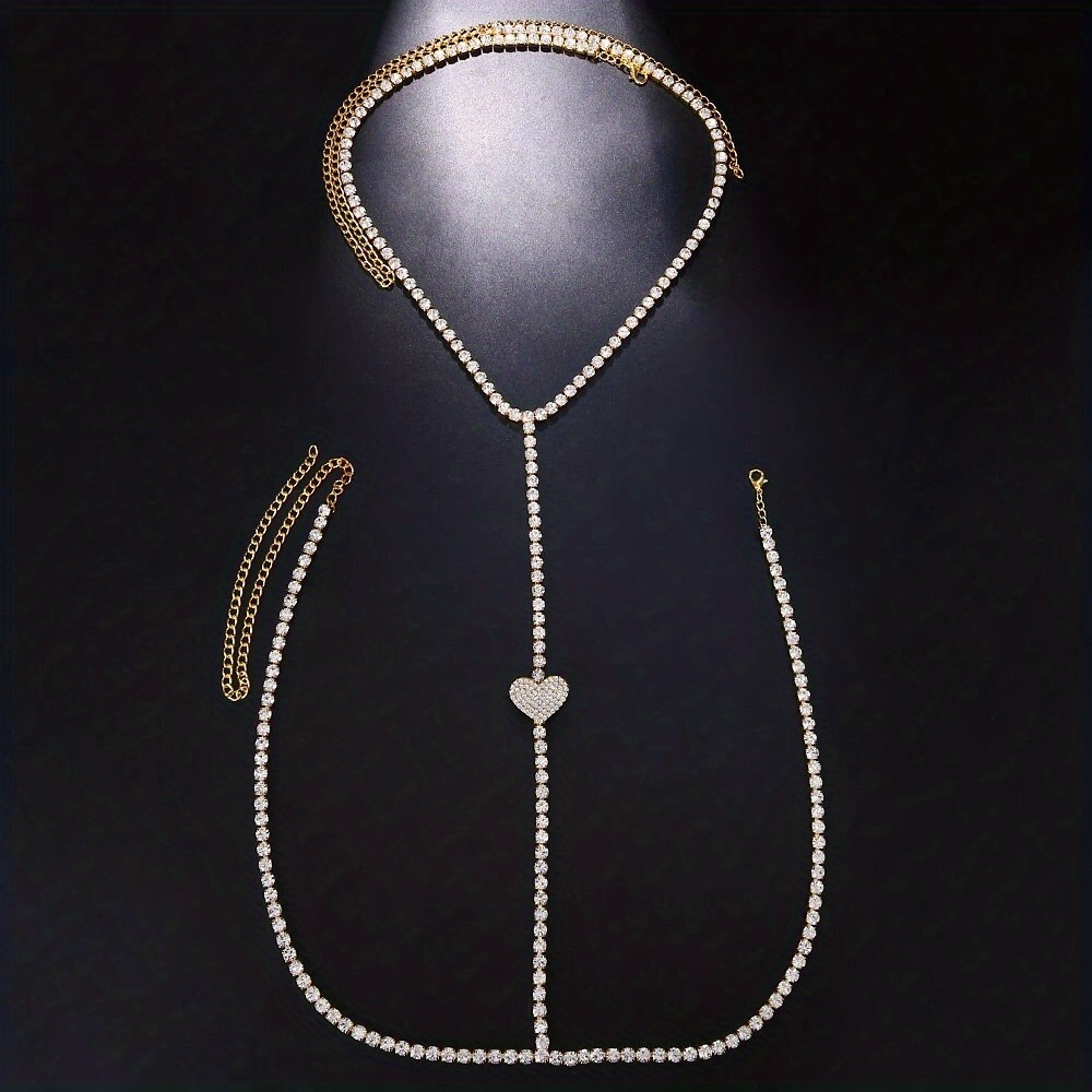 Bling Rhinestone Love Heart Chest Chain Harness Bra Necklace
