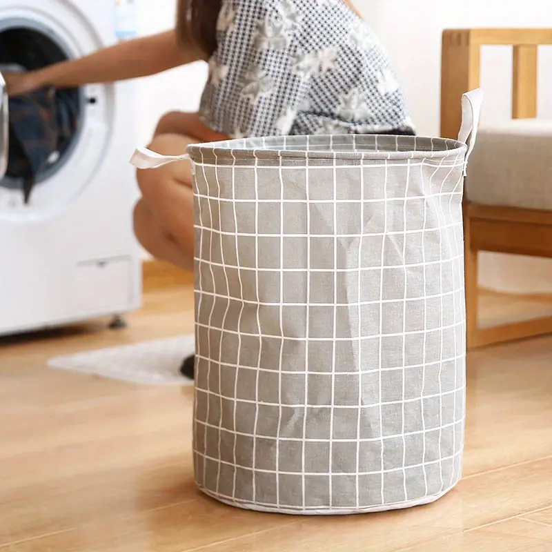1pc household dirty clothes basket toy storage bucket plaid fabric cotton and linen dirty clothes basket large foldable waterproof storage basket bathroom bedroom nursing room details 3