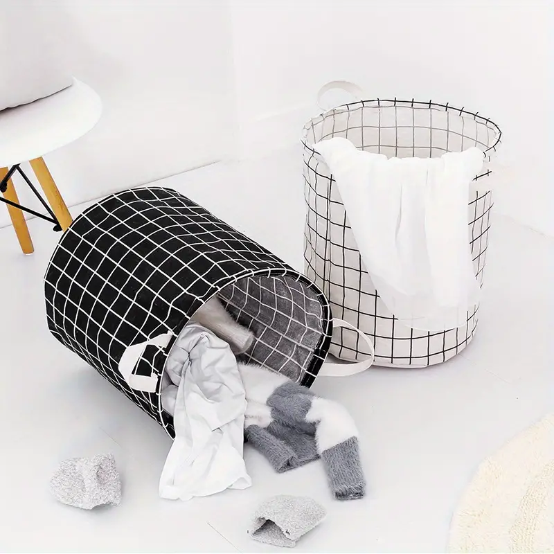 1pc household dirty clothes basket toy storage bucket plaid fabric cotton and linen dirty clothes basket large foldable waterproof storage basket bathroom bedroom nursing room details 9