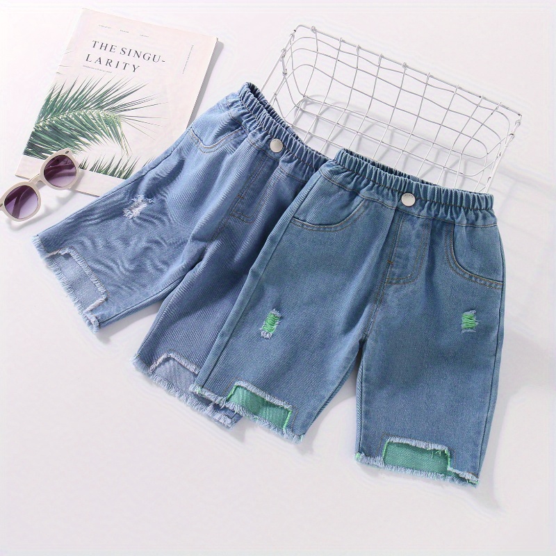 JEATHA Kids Girls Ripped Denim Shorts Solid Color High Waist Elastic  Waistband Buttons Casual Jeans Short Pants : : Clothing, Shoes 