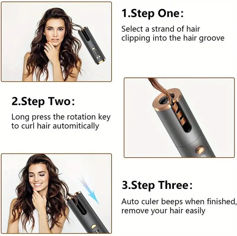 portable usb rechargeable cordless automatic hair curler ceramic cylinder spinner for long hair fast heating anti  styling on the go details 6