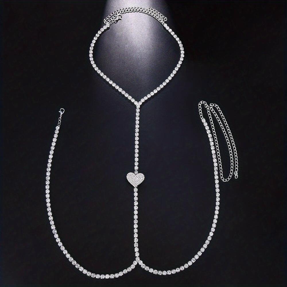 Bling Rhinestone Love Heart Chest Chain Harness Bra Necklace Para