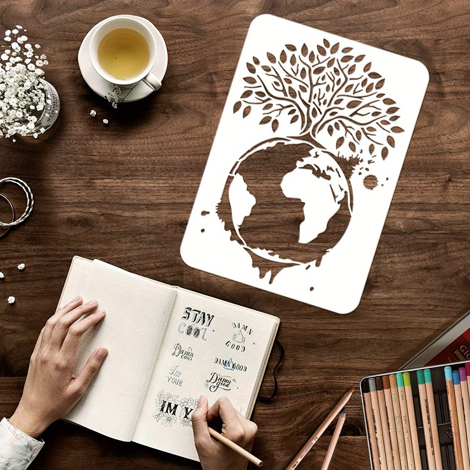 Tree Of Life Stencils Plastic Tree Earth Drawing Painting - Temu