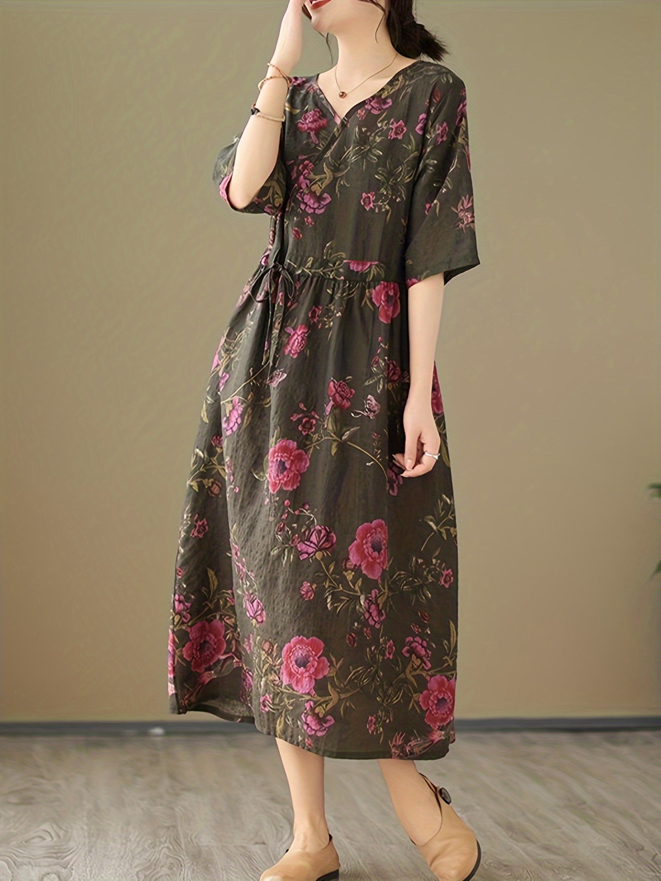 Floral Print V Neck Dress Vintage Half Sleeve Ruched Maxi Temu