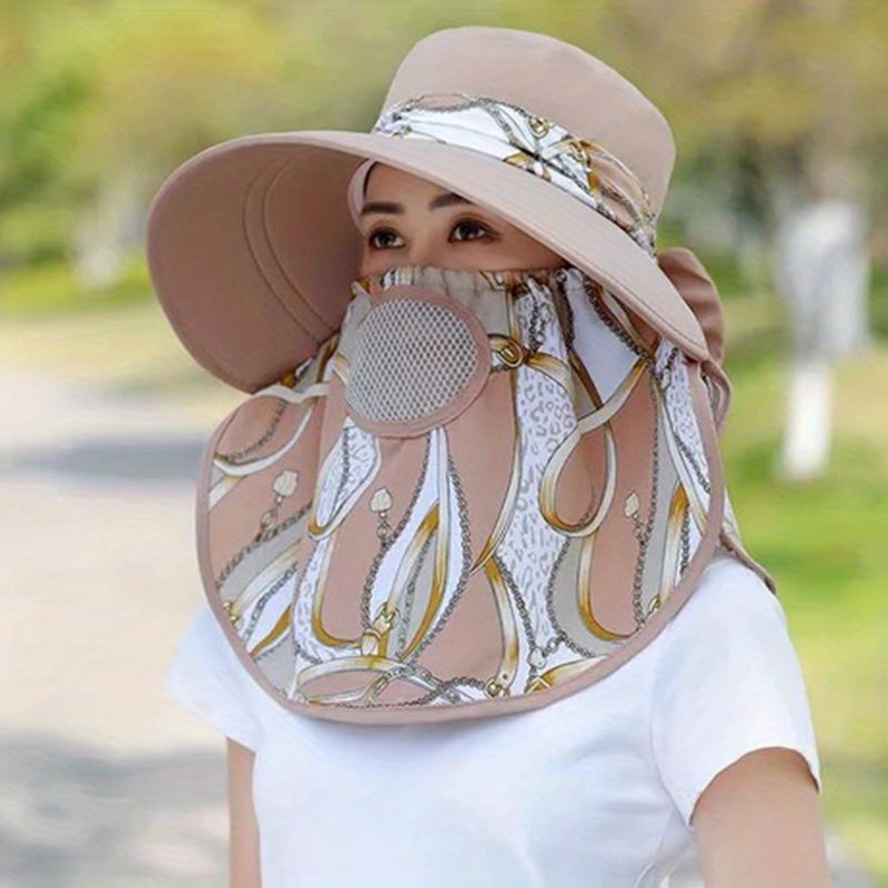 Solid Color Cotton Sun Hat with Neck Gaiter Breathable Veil Wide Brim UV Protection Bucket Hats for Women, Summer Beach Foldable Sun Hat,Temu