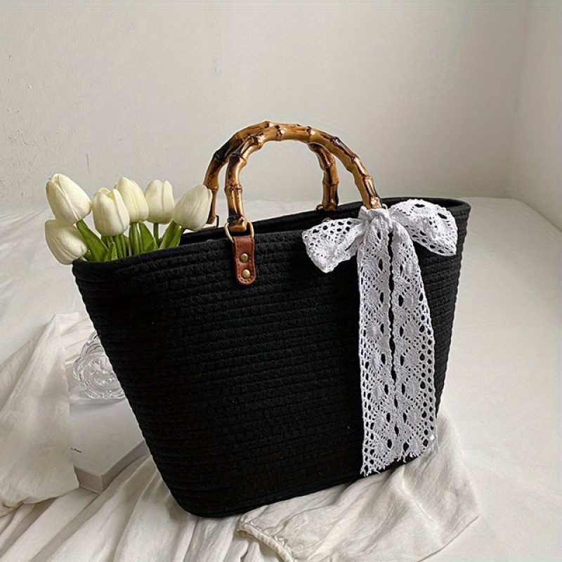 Ribbon Straw Beach Tote