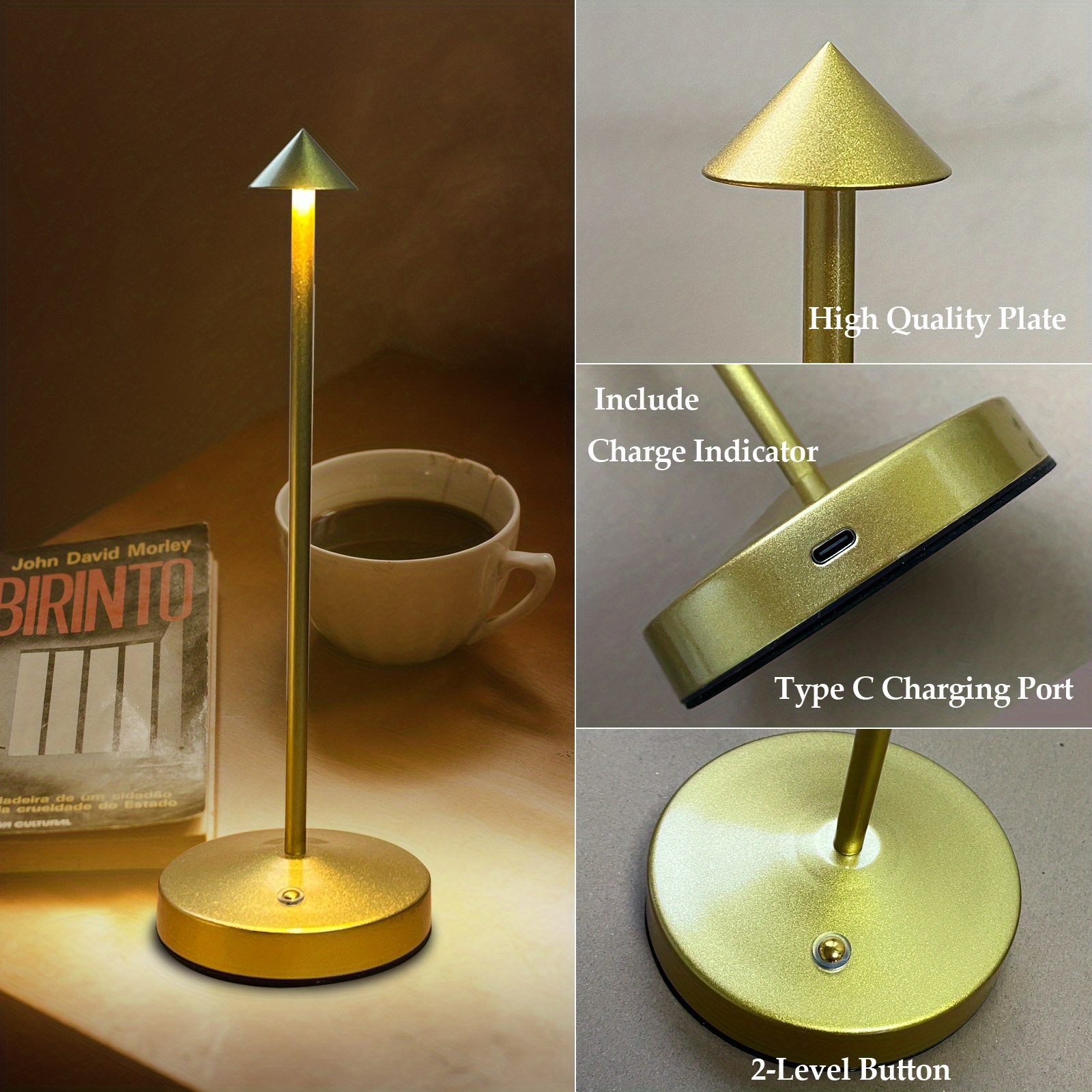 Lámpara recargable inalámbrica dorada de 12 pulgadas, funciona con pilas,  1800 mAh, lámpara LED portátil con atenuación continua de 3 colores,  lámpara