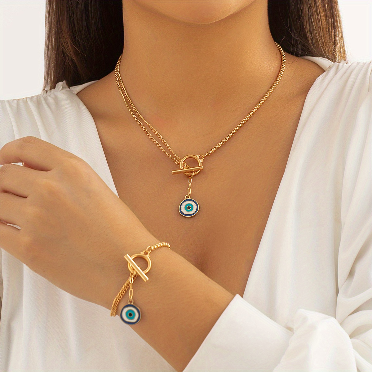 Women's O-chain Metal Bracelet Necklace Set - Temu