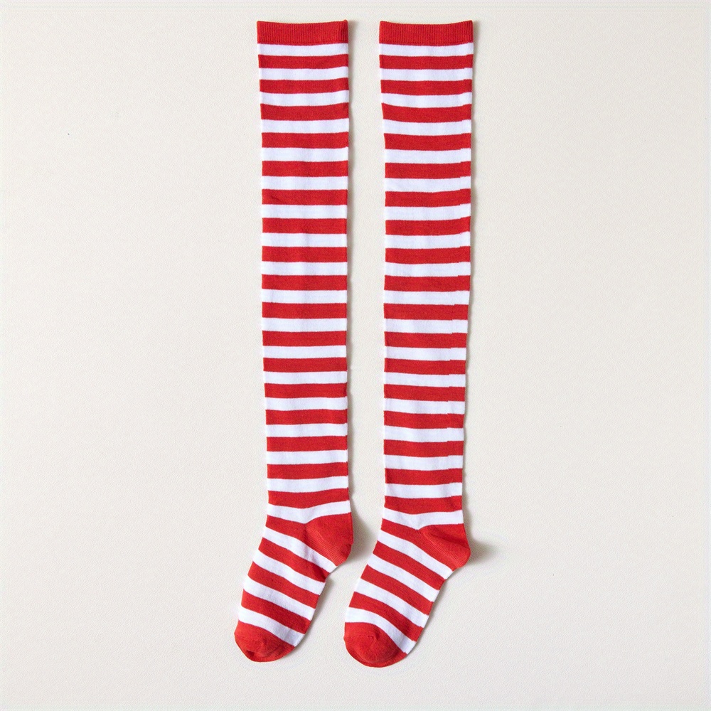 Image of 1 Pair Striped High Tight Socks, Over The Knee Thermal Long Crew Socks For Cosplay, Women's Stockings & Hosiery