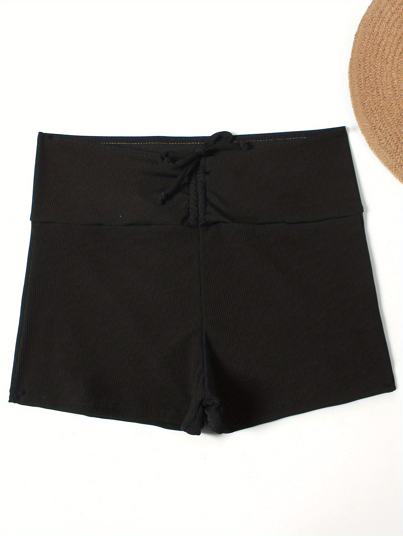 Drawstring Front Black Solid Color Bikini Bottoms, Rib Knit Stretchy