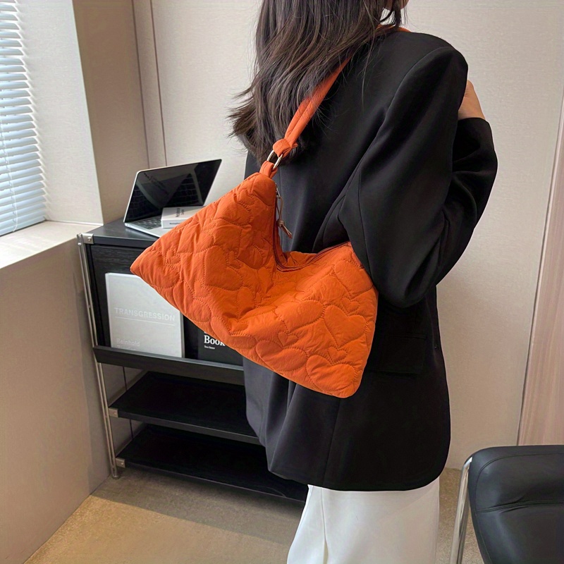 Heart Embroidery Shoulder Bag, Puffer Large Capacity Hobo Bag