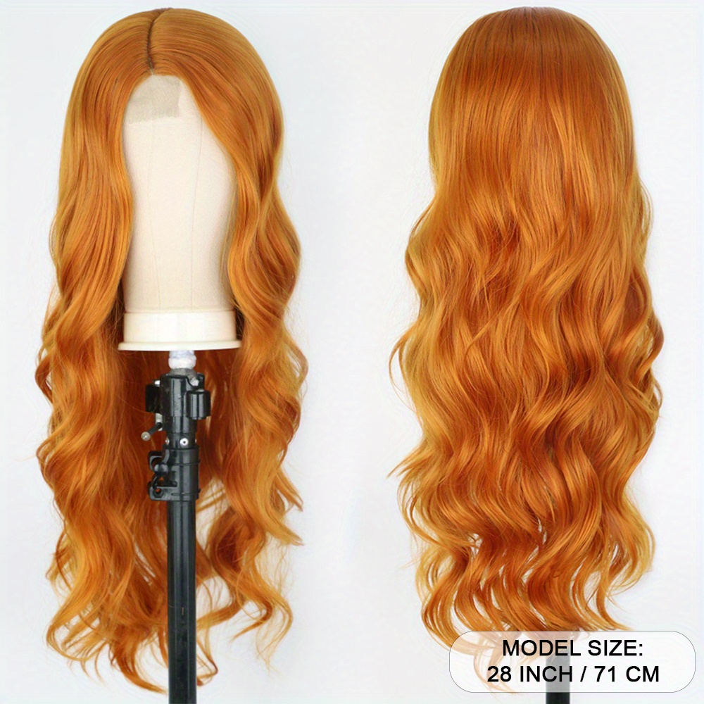 Orange Long Body Wave Wigs Women Middle Part Synthetic Heat - Temu