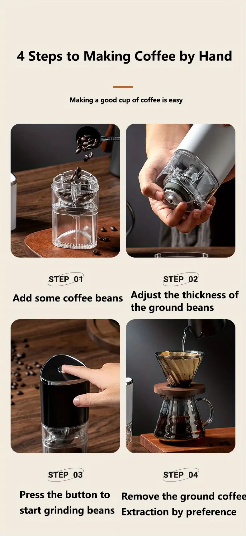 1pc portable usb wireless hand grinder coffee grinder detachable small household hand grinder coffee bean type c rechargeable built in battery ceramic grinding chip does not heat details 13