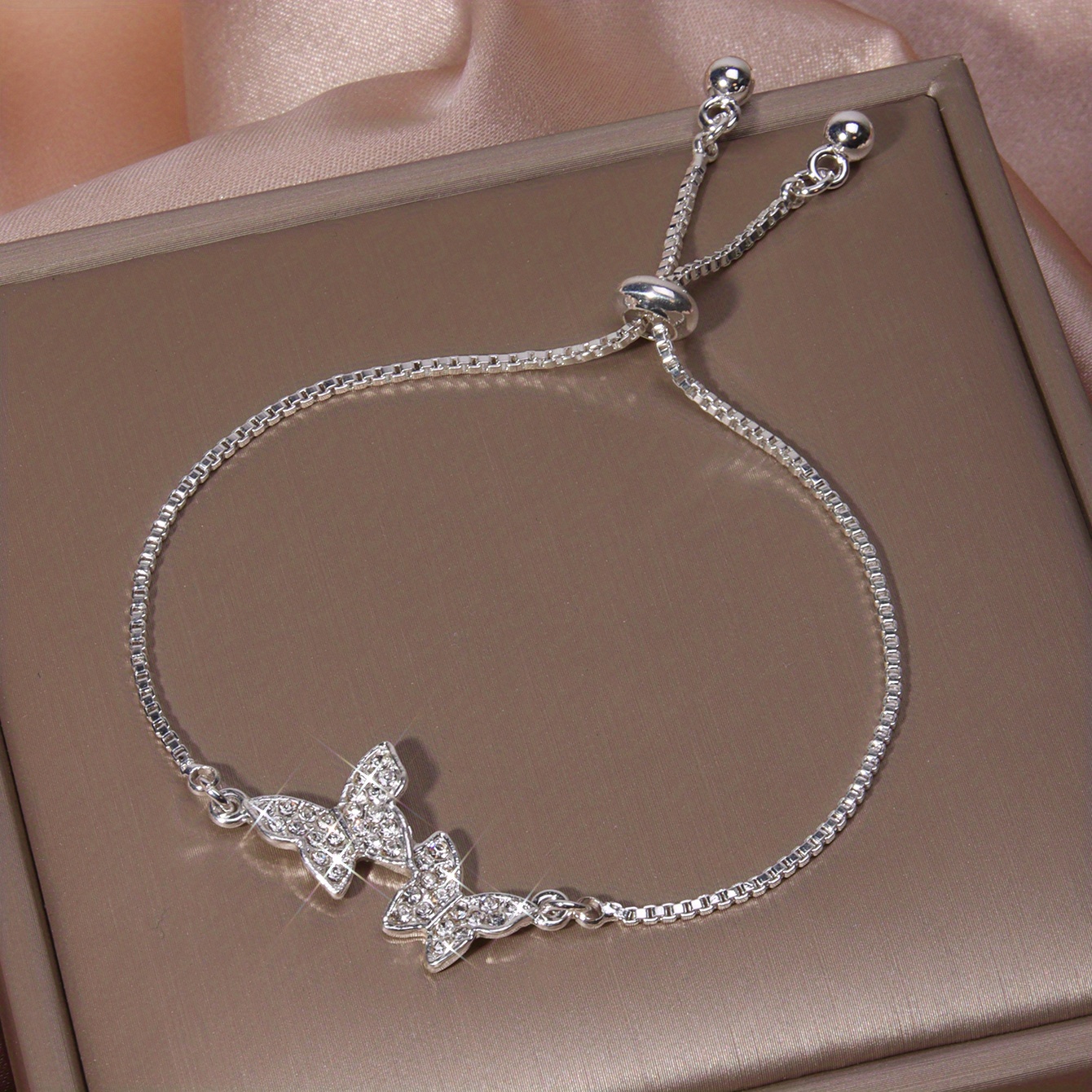 TEMU 1pc Double Sparkling Synthetic Synthetic Zirconia Adjustable Chain Bracelet - Elegant Luxury Women's Jewelry For Party, Vacation, Valentine's Day Gift For Girlfriend, Jewelry